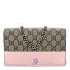 GG Supreme Monogram Textured Dollar Calfskin Mini GG Marmont Chain Wallet Light Pink Blue Beige