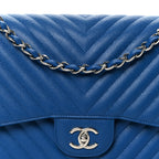 Caviar Chevron Quilted Jumbo Double Flap Blue