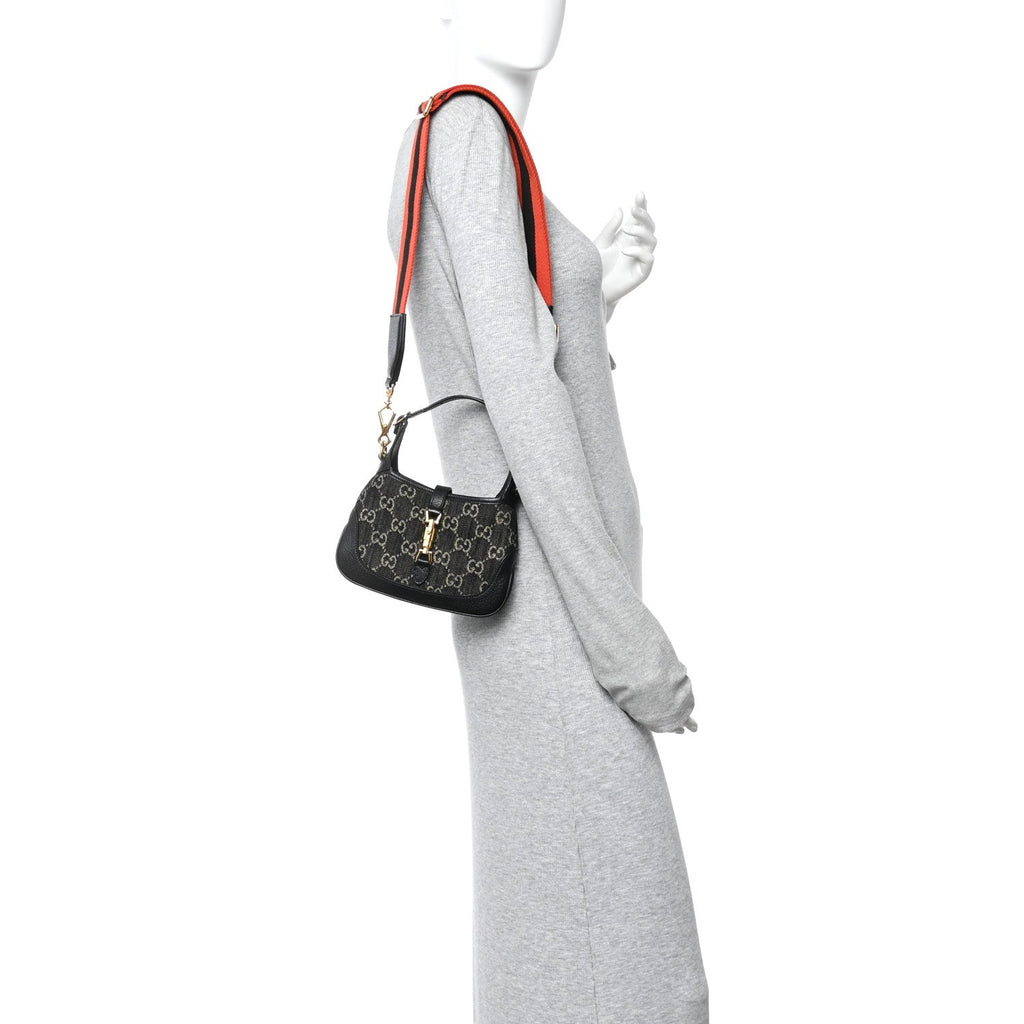Jacquard Black Denim GG Monogram Textured Dollar Calfskin Mini Jackie 1961 Hobo Black Ivory