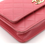 Lambskin Quilted Trendy CC Wallet On Chain WOC Bright Pink