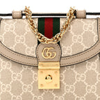 GG Supreme Monogram Textured Dollar Calfskin Web Mini Ophidia Padlock Top Handle Chain Shoulder Bag Beige Mystic White Oatmeal