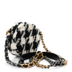 Wool Tweed Lambskin Quilted Chanel 19 Round Clutch With Chain and Coin Purse Black White