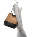 Suede Shiny Lambskin Quilted Large Shopping Bag Beige Black