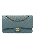 Iridescent Caviar Quilted Medium Double Flap Light Blue