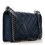 Calfskin Quilted Double Stitch New Medium Boy Flap Navy Blue