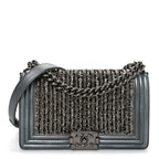 Metallic Lambskin Glass Pearl Embroidered Medium Boy Flap  Silver