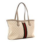 GG Supreme Monogram Textured Dollar Calfskin Web Medium Ophidia Shopping Tote Beige Mystic White Oatmeal