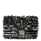 Sequin Camellia Small Single Flap Silver Black