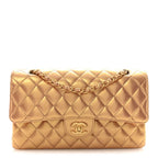 Metallic Lambskin Quilted Medium Double Flap Golden