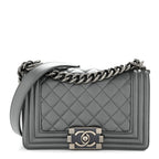 Metallic Calfskin Quilted Small Boy Flap Dark Silver