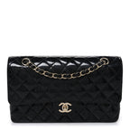 Patent Quilted Sparkle Glitter Medium Double Flap Black