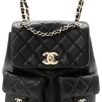 Shiny Caviar Quilted Medium Duma Pockets Drawstring Backpack Black