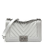 Metallic Caviar Chevron Quilted Medium Boy Flap Silver