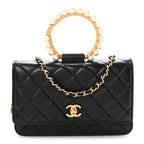 Lambskin Quilted Pearl Crown Wallet On Chain WOC Black