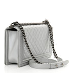 Metallic Calfskin Quilted New Medium Plexiglass Boy Flap Silver