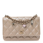 Pearly Lambskin Quilted Charms Wallet On Chain WOC Beige
