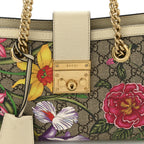 GG Supreme Monogram Flora Textured Calfskin Small Padlock Tote Beige Ebony Multicolor Mystic White