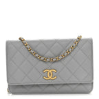 Caviar Quilted Textured CC Wallet On Chain WOC Grey
