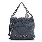 Washed Denim Quilted Studded Mini Chanel 22 Blue