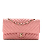 Caviar Flat Chevron Quilted Medium Double Flap Pink