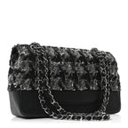Caviar Tweed Houndstooth Quilted Medium Double Flap Black Grey