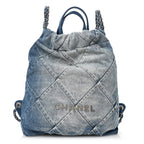 Denim Quilted Chanel 22 Backpack Blue
