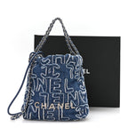 Washed Denim Logo Embroidered Mini Chanel 22 Blue